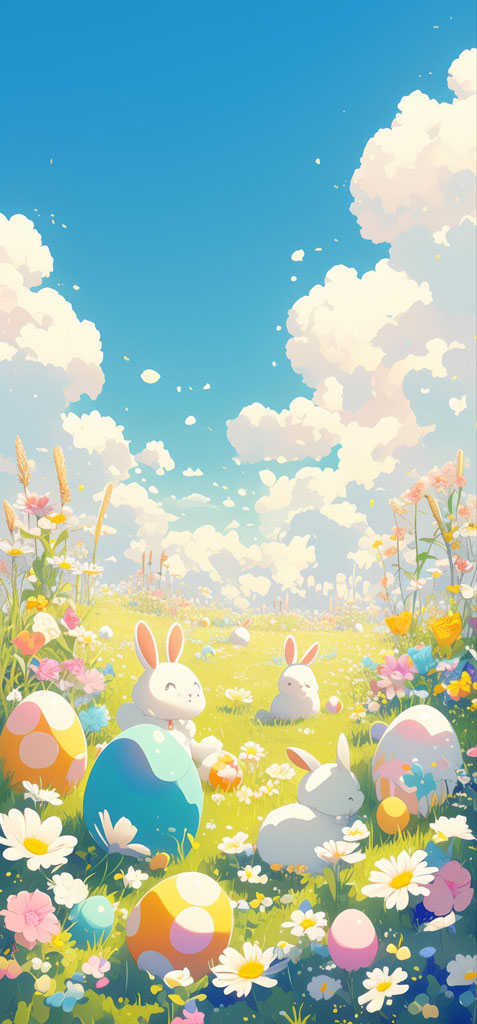 Easter bunnies in a field with eggs and flowers