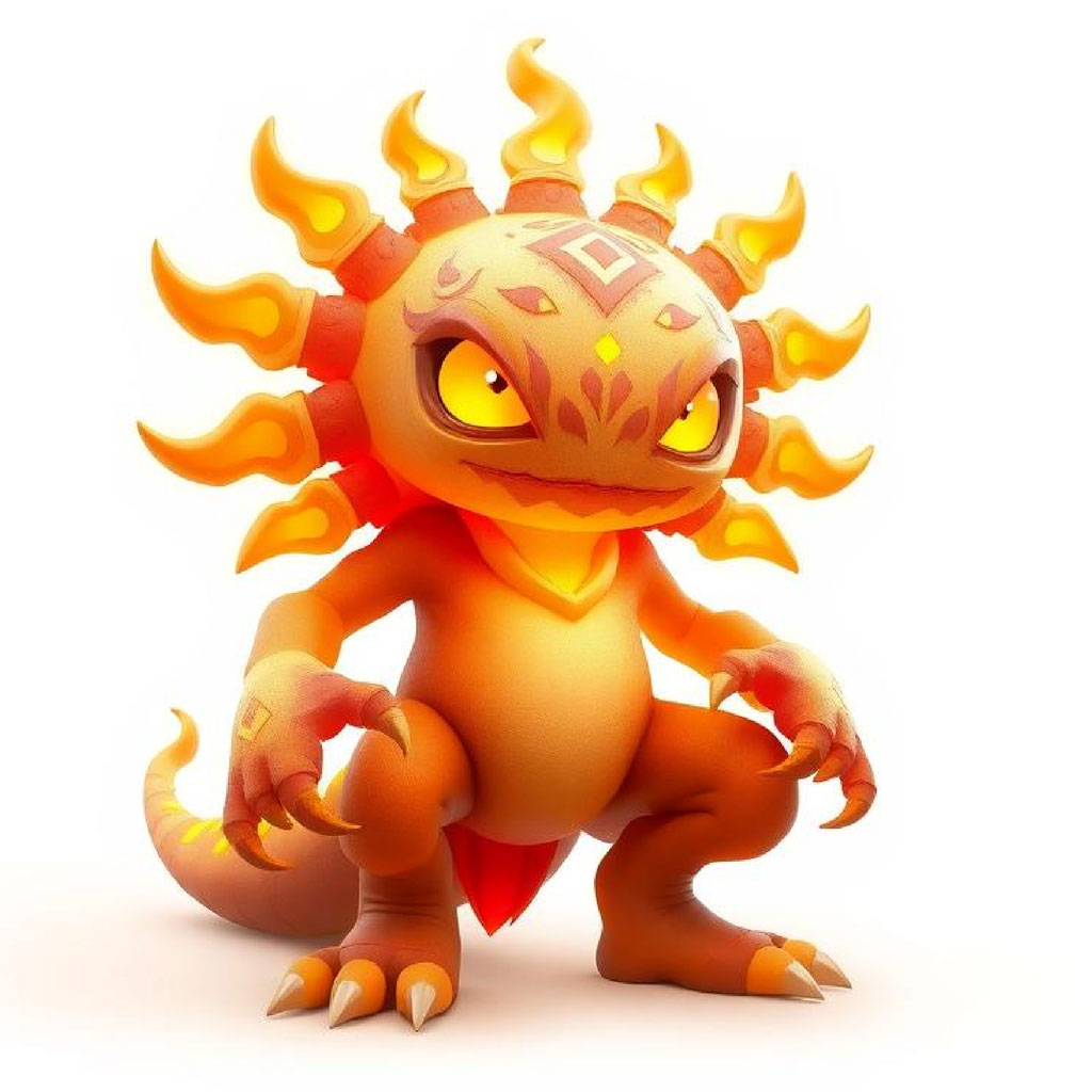 A cartoon-like creature with orange and yellow hues, flames around its head and on its tail.