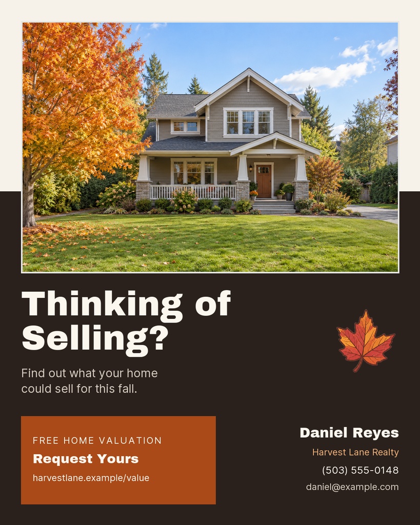 Portrait real estate post with a house photo, autumn leaves, and a home valuation message.