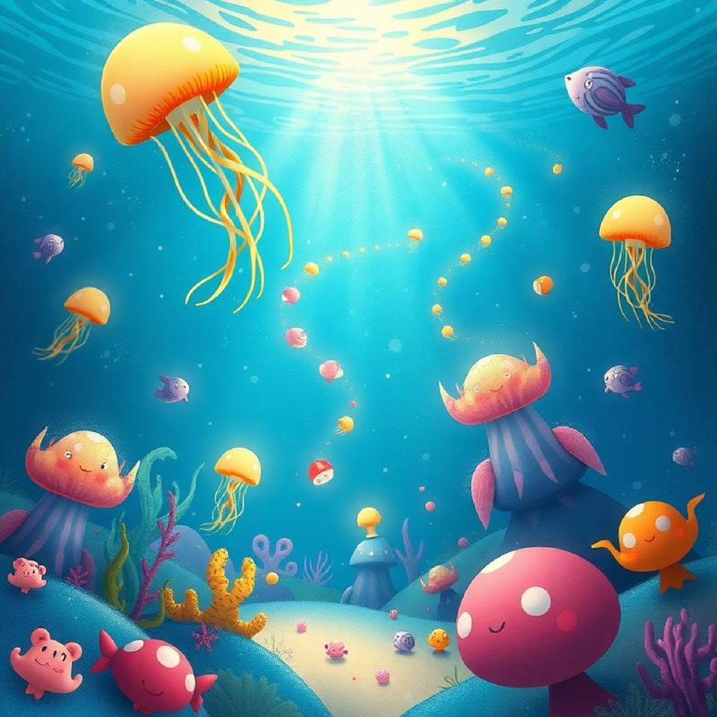 Cartoon illustration of an underwater scene with jellyfish, fish, and smiling sea creatures.