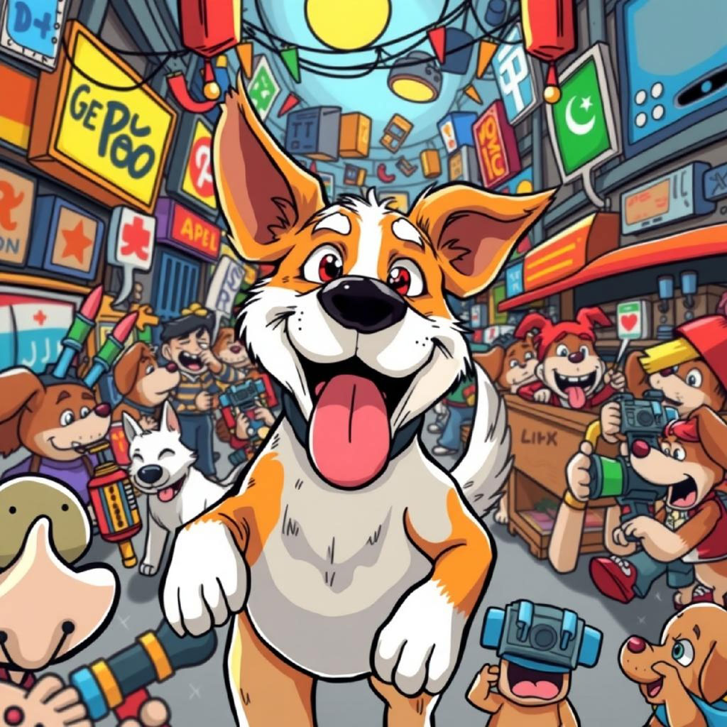A cartoon dog with a big smile stands in the foreground, surrounded by other dogs and characters in a lively market setting.