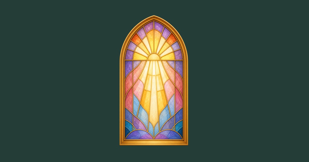 Stained glass church window glowing with warm light on a dark green background.
