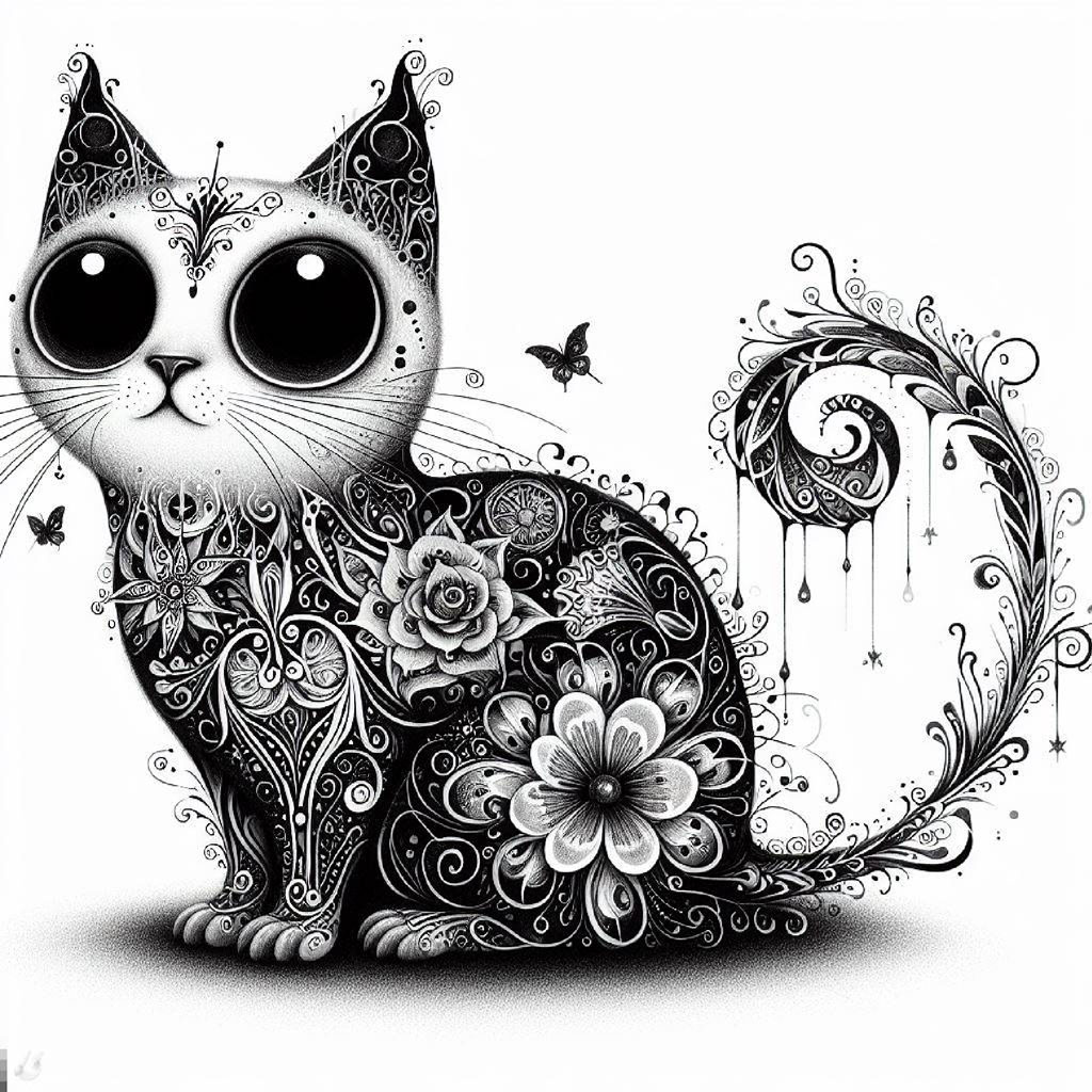 Illustration of a black cat with large pink eyes and a bow tie