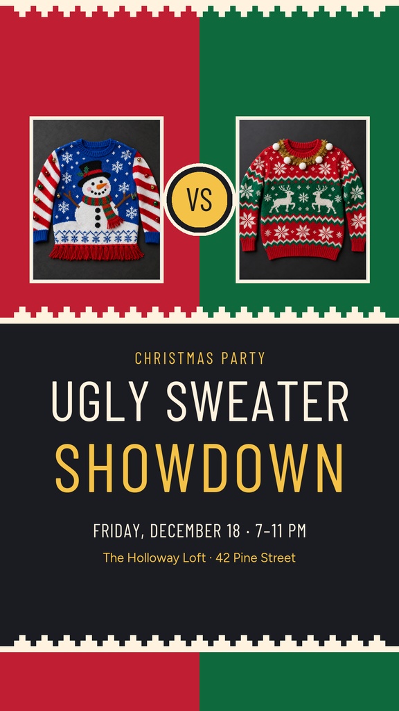Instagram story design with two ugly Christmas sweaters facing off on red and green panels.
