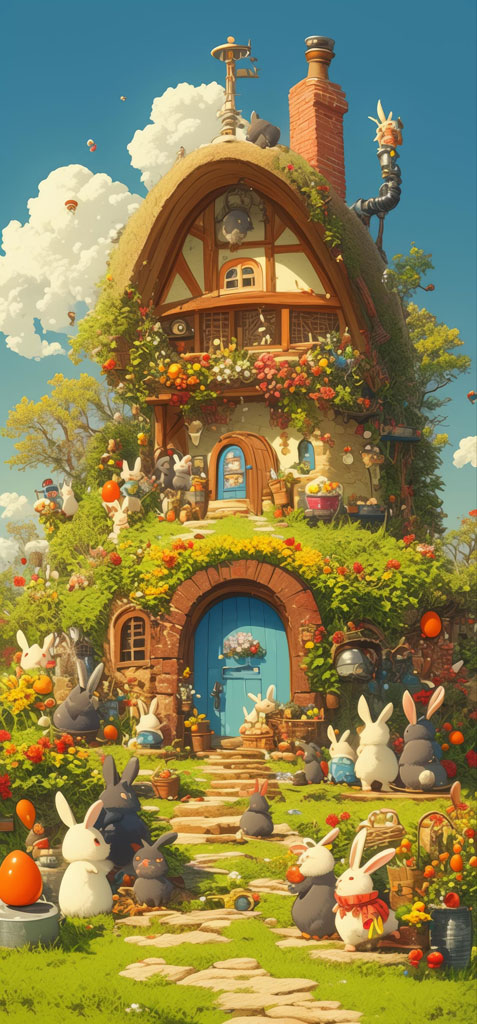 A fantastical cottage with rabbits gathered around, surrounded by flowers and greenery.