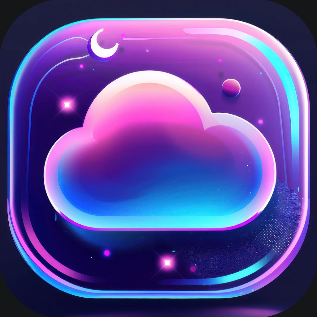 Neon cloud icon with gradient and celestial elements