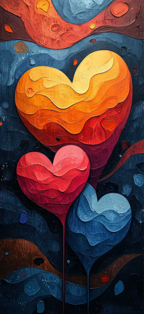 Layered heart shapes in red, orange, and blue hues on a textured, abstract background