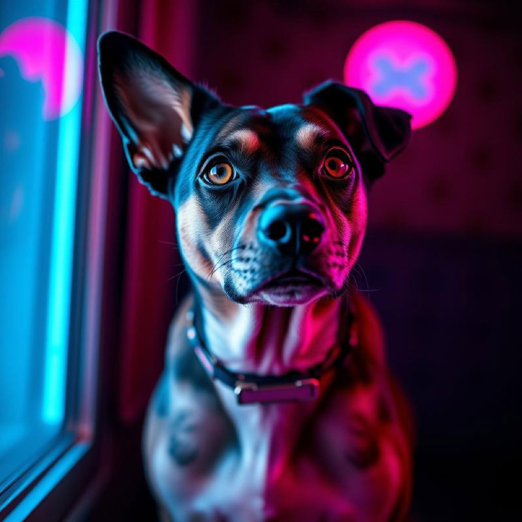 Woman with neon choker in a cyberpunk setting