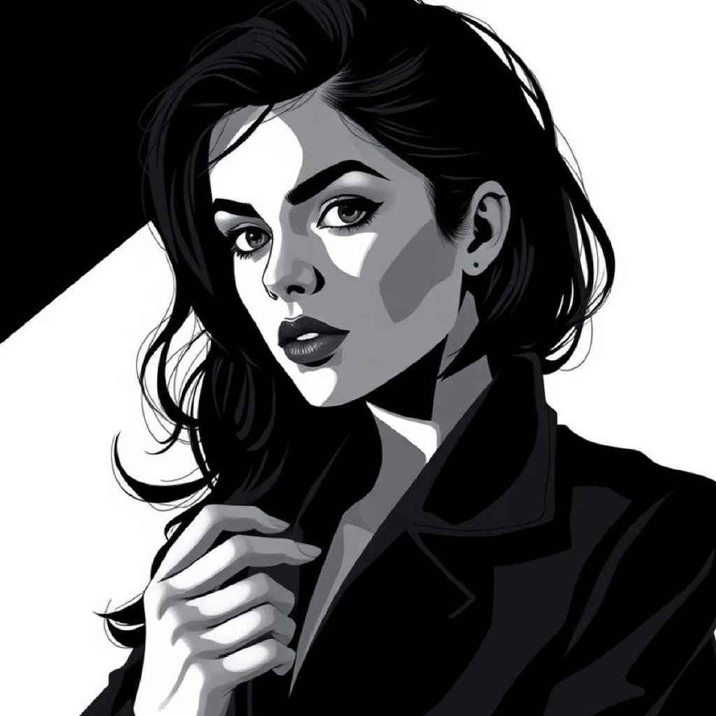 A black and white illustration of a woman with dark hair and a black jacket.