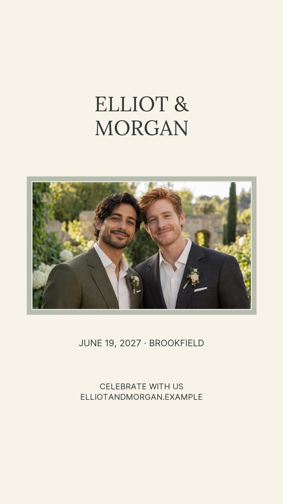 Minimal wedding story template with a couple photo and the names Elliot and Morgan.