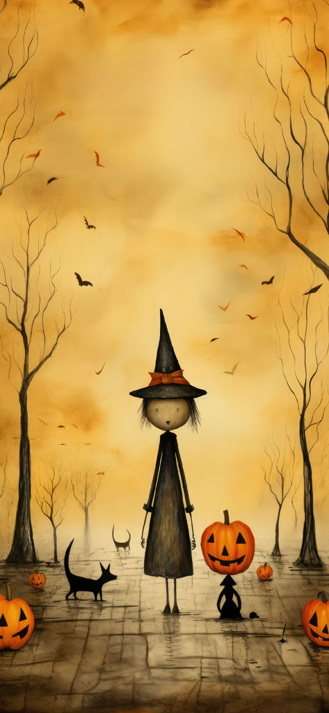 Illustration of a witch with a black cat and pumpkins on a foggy Halloween evening