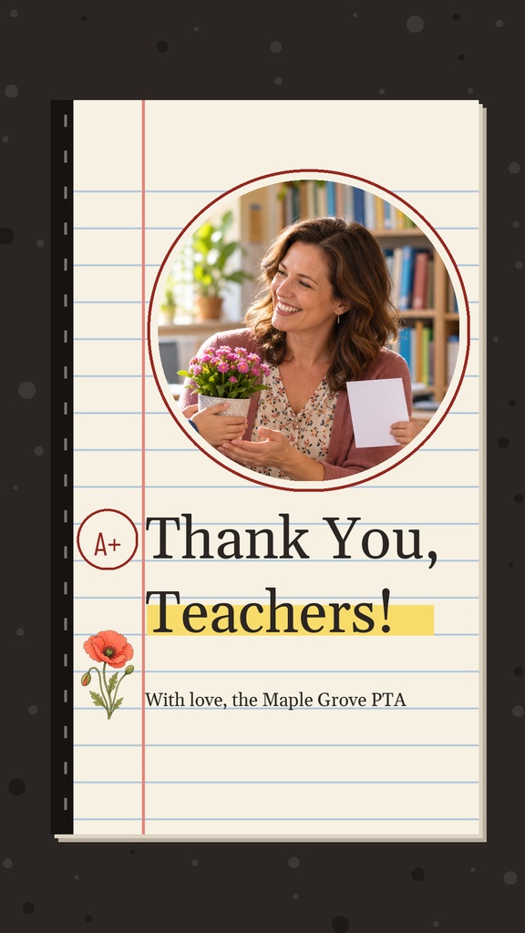 Portrait Instagram story template with a smiling teacher holding flowers and a thank-you message.
