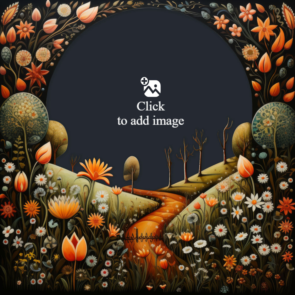 A vibrant floral landscape with a winding path and diverse flowers