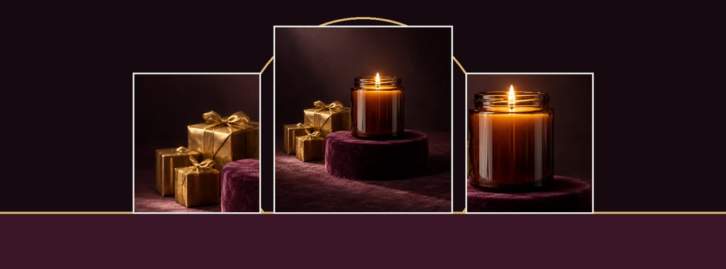 Three framed candle and gift display panels on a dark velvet background with gold accents.