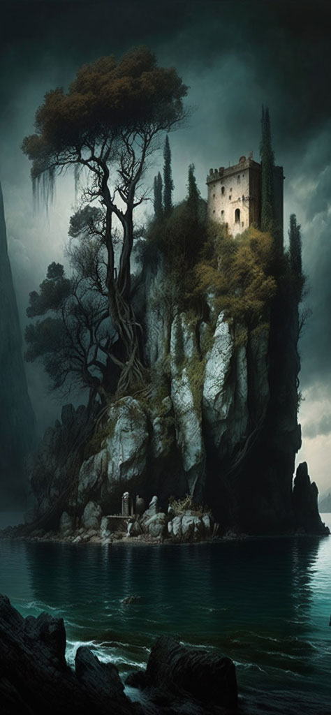 A castle on a cliff surrounded by water and trees