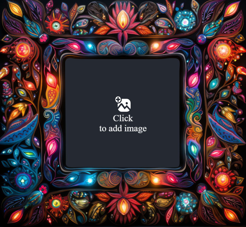 A tablet with a dark screen and a white logo, surrounded by a vibrant, intricate border.