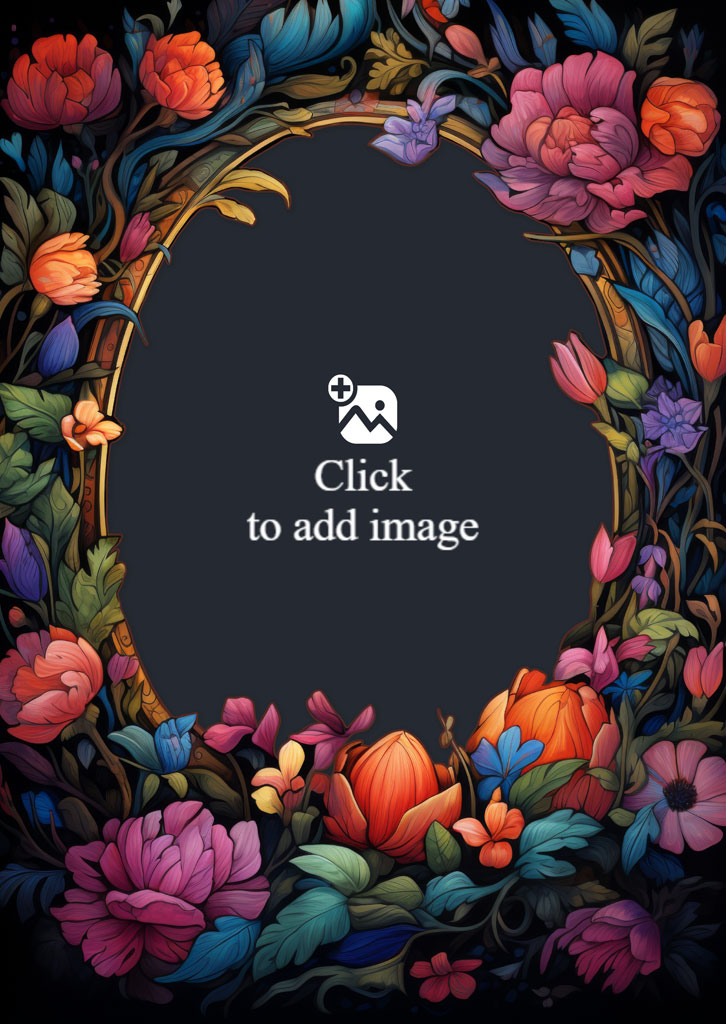 A circular floral frame with various flowers and leaves on a dark background.