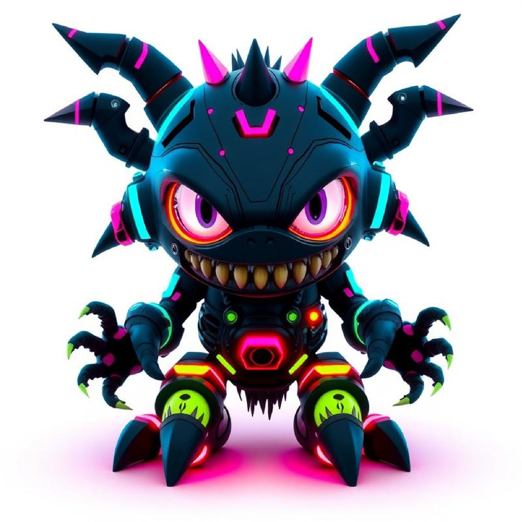 A dark, robotic creature with neon accents and sharp features