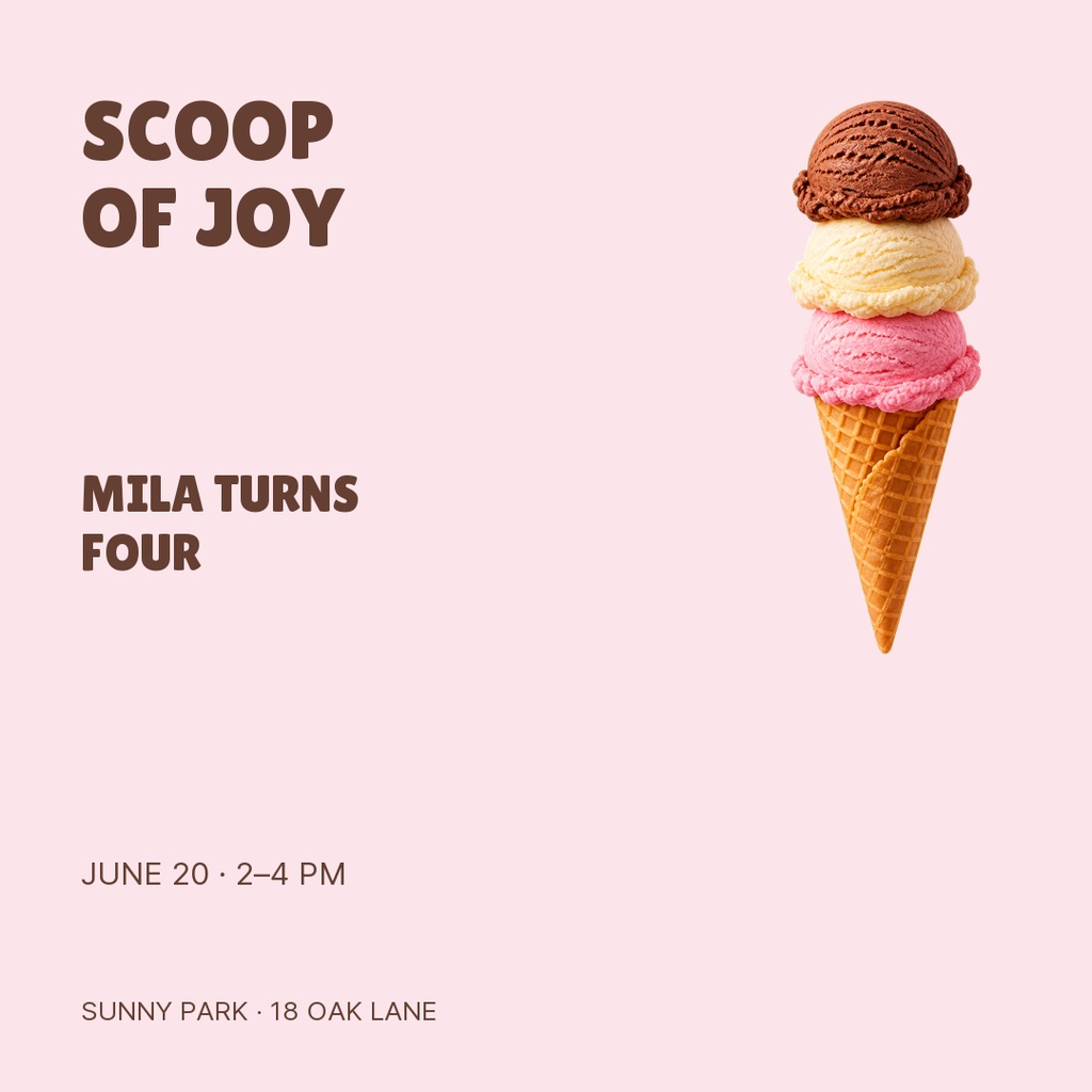 Pink square birthday post with stacked ice cream cone and party details text