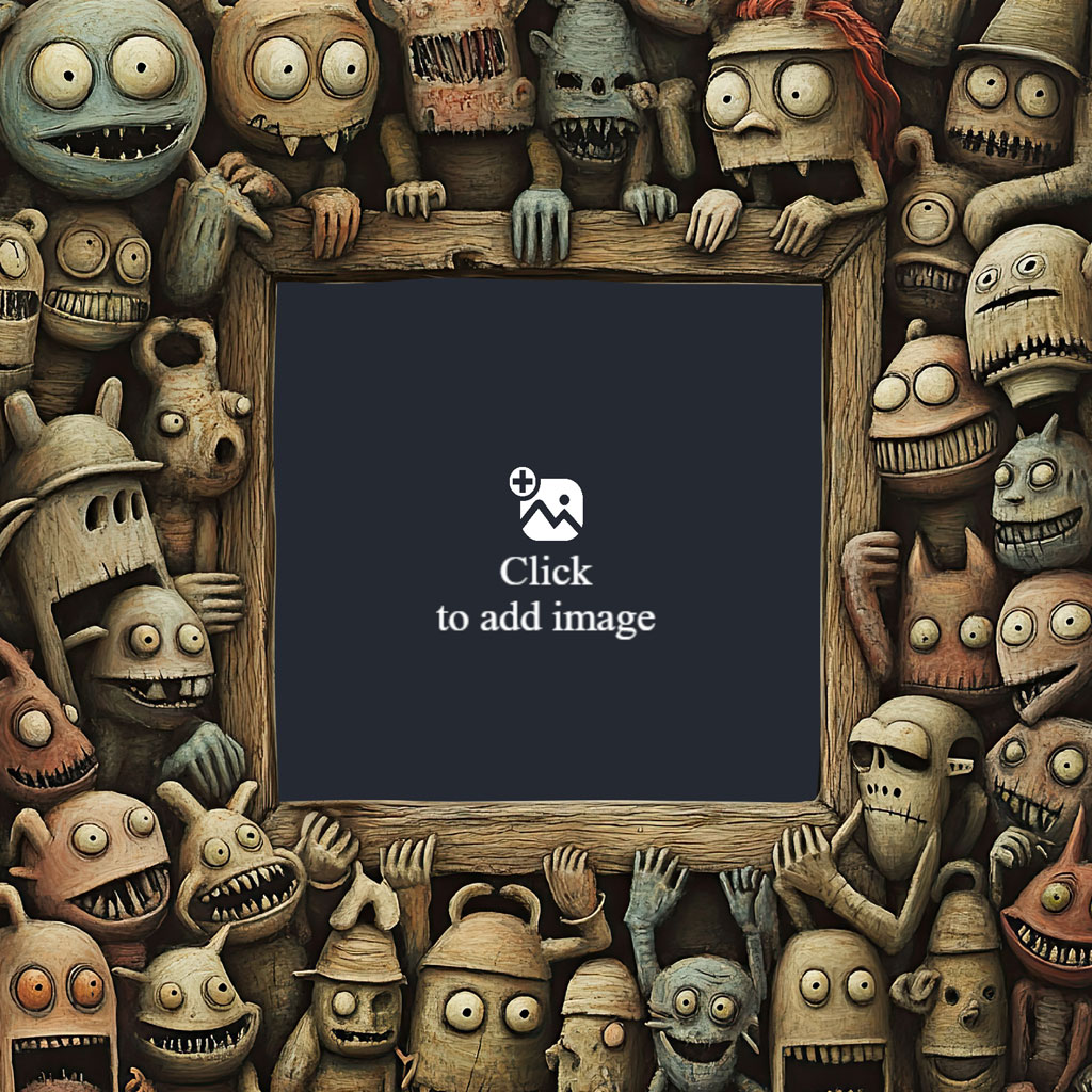 A wooden frame filled with cartoon monsters