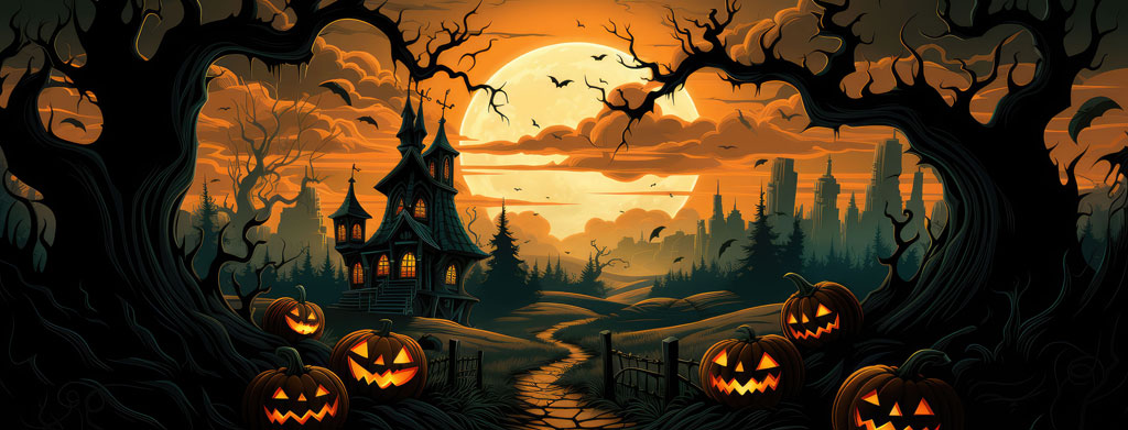 A spooky Halloween scene with a haunted house and jack-o'-lanterns under a full moon