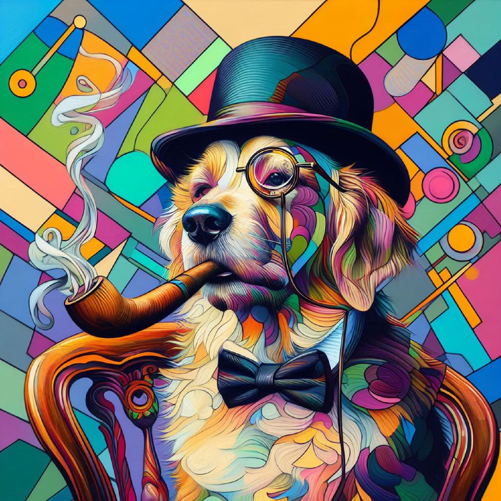 Black and white dog illustration with orange eyes