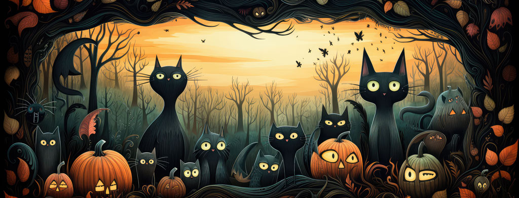 A group of black cats surrounded by pumpkins in a dark forest with a yellow sky.