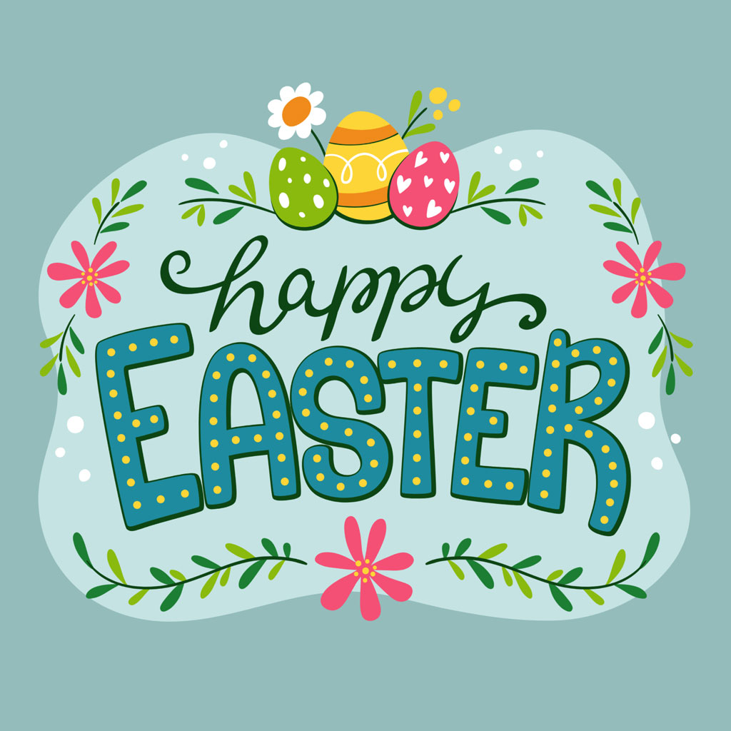 Happy Easter illustration with decorated eggs and floral elements