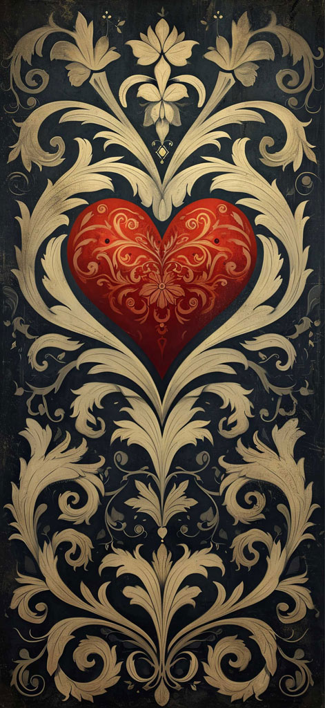 An ornate red heart with gold filigree on a black background surrounded by gold floral designs.