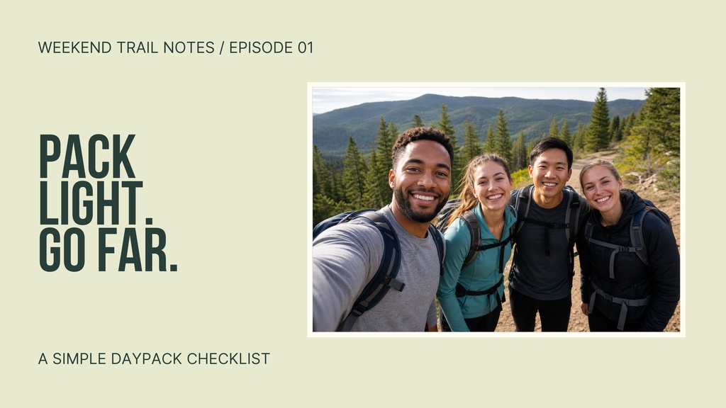 Three hikers smiling for a selfie beside a bold text layout on a light background.
