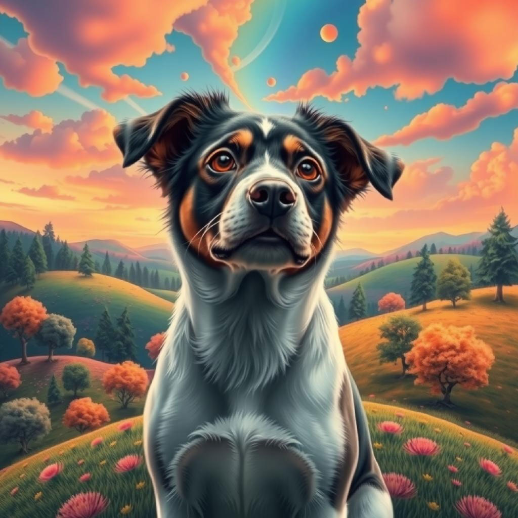 A digital painting of a serene landscape with rolling hills and trees during a colorful sunset.