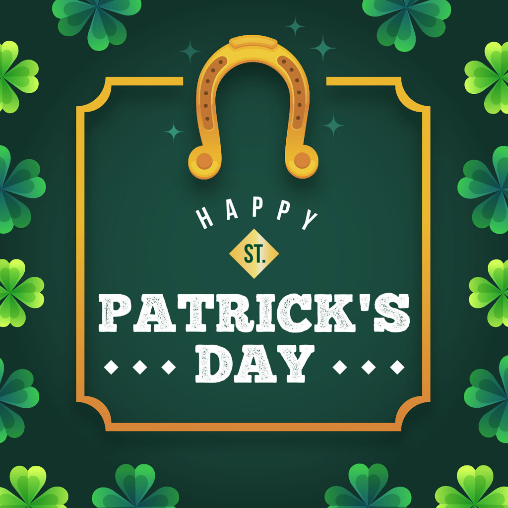 St. Patrick's Day graphic with horseshoe and shamrocks