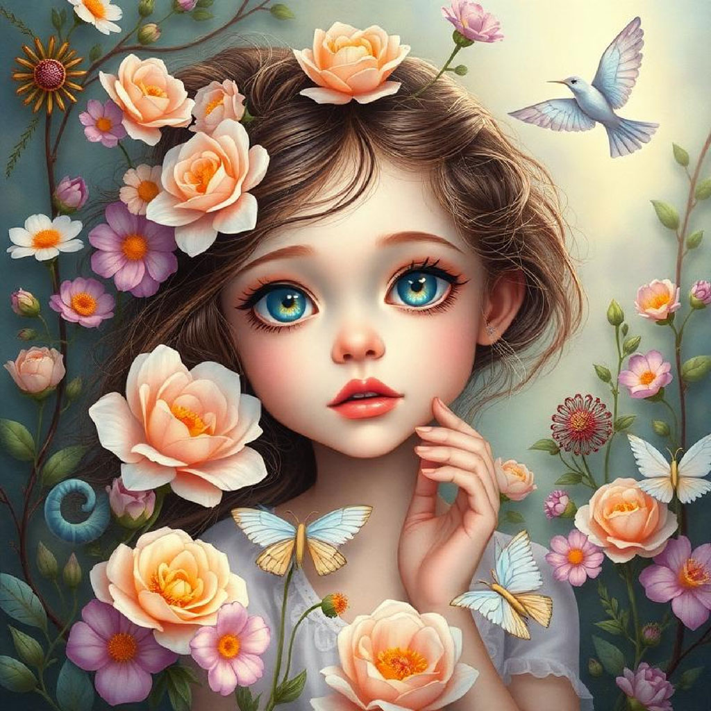 A digital illustration of a girl with blue eyes and brown hair adorned with flowers, surrounded by more flowers and butterflies.