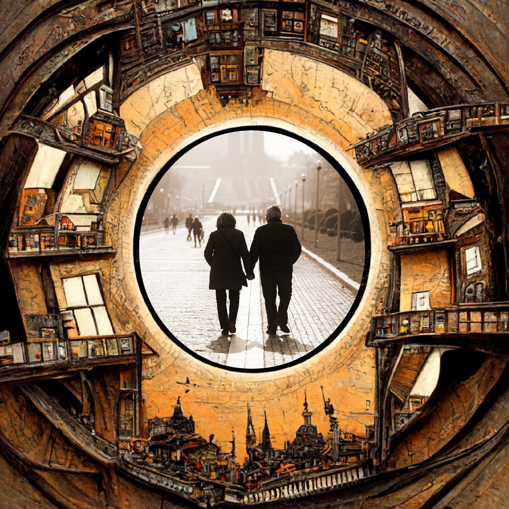 A surreal image of a couple walking hand in hand through a foggy city street, viewed through a circular frame with ornate surroundings.