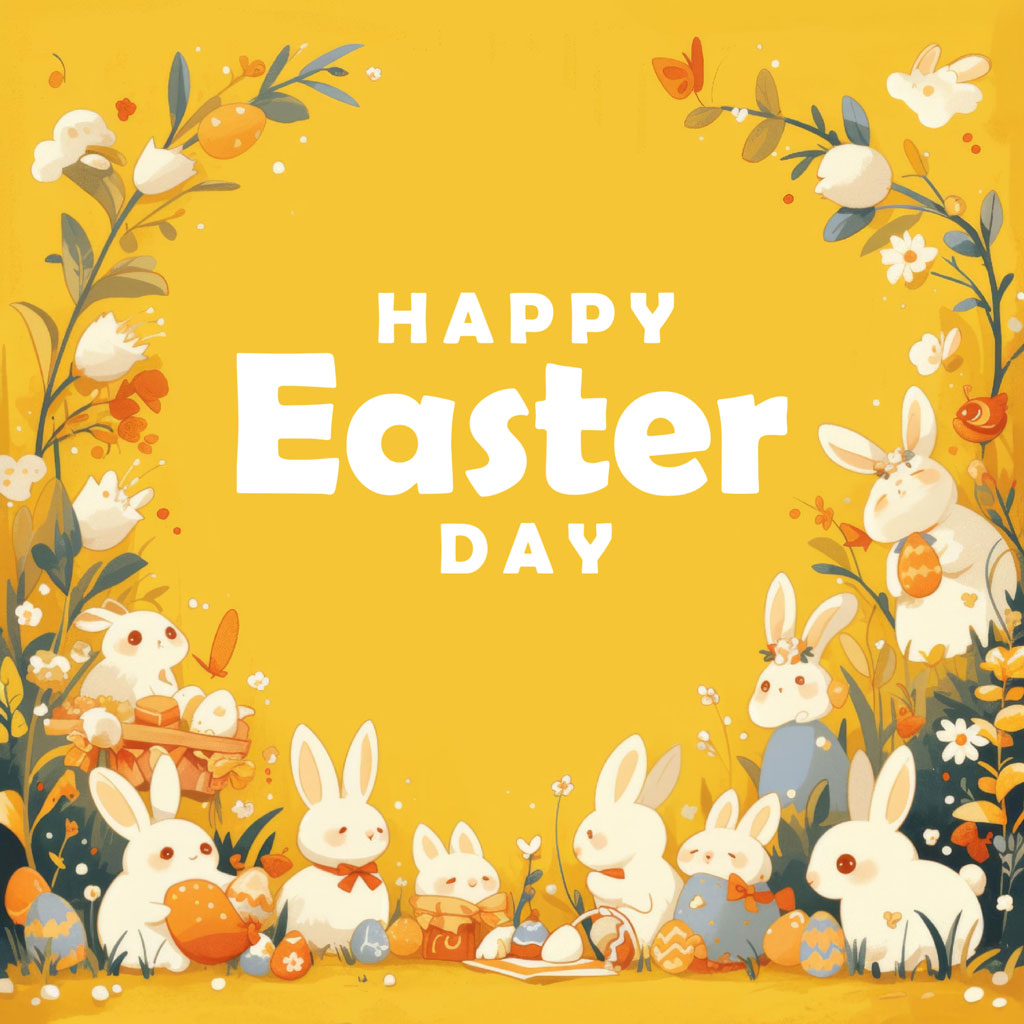 Easter bunnies and flowers on a yellow background