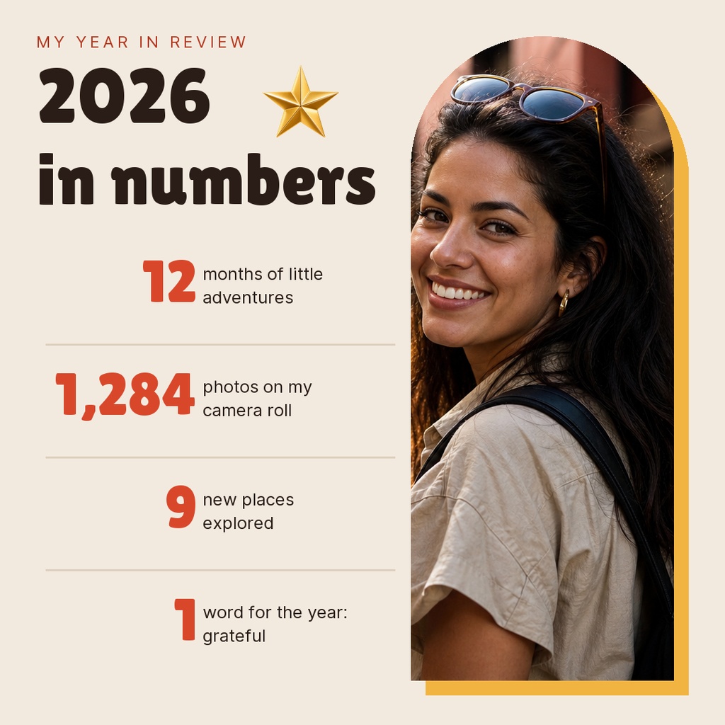 Square year in review template with a smiling woman photo and bold 2026 numbers.