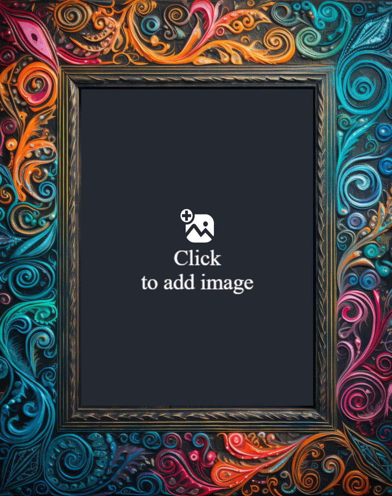 An ornate frame with colorful floral patterns surrounding a black rectangle.