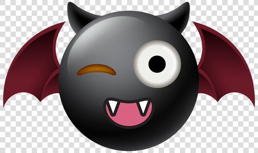 Winking vampire emoji with red wings and fangs