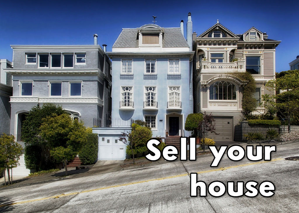 Three Victorian houses on a street with the text 'Sell your house' overlaid
