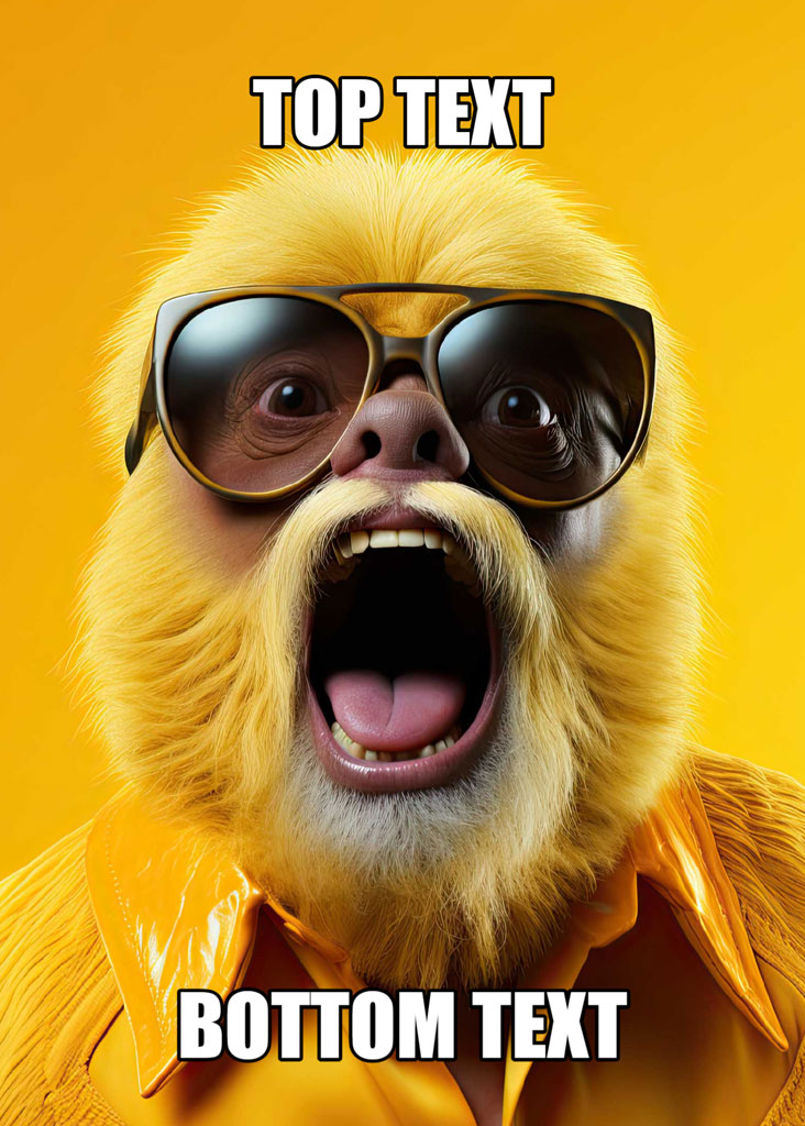 A surprised monkey wearing sunglasses with a bright yellow background and text overlay