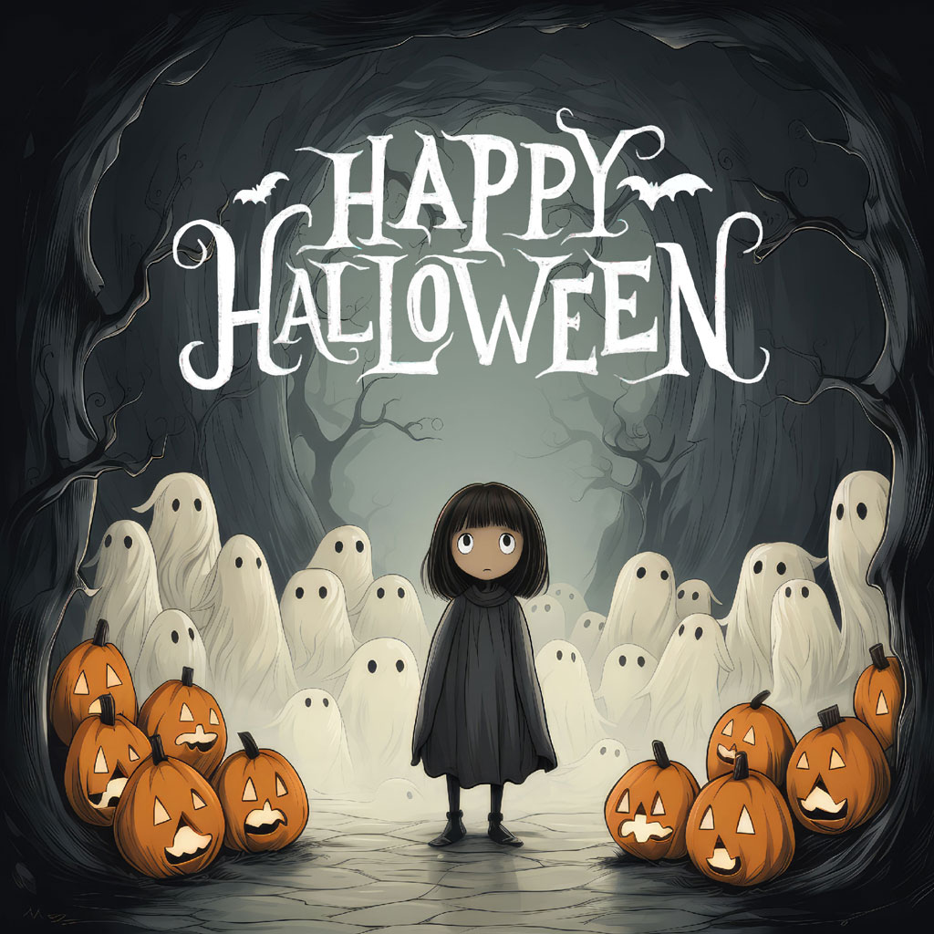 A cartoon girl in a dark dress stands among ghosts and jack-o'-lanterns.