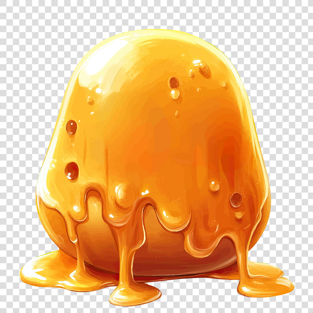 Golden caramel sauce blob with drips on white background
