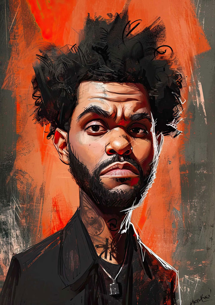 The Weeknd portrait with orange and black background