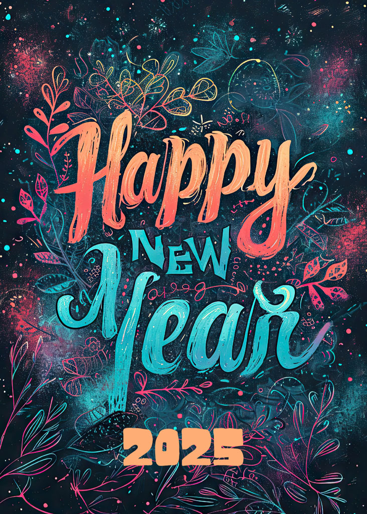 Happy New Year 2025 greeting card with floral elements