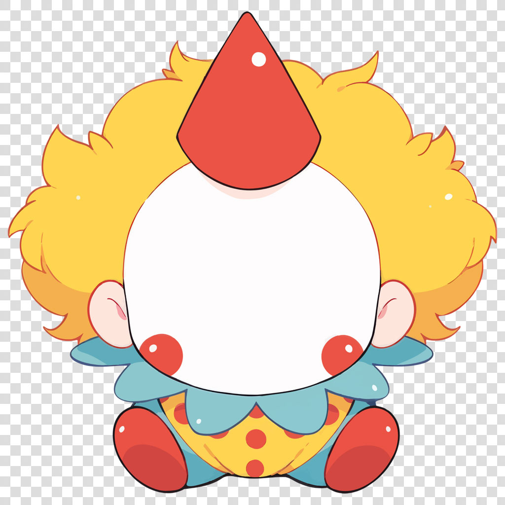 Illustration of a smiling clown with yellow hair and red nose