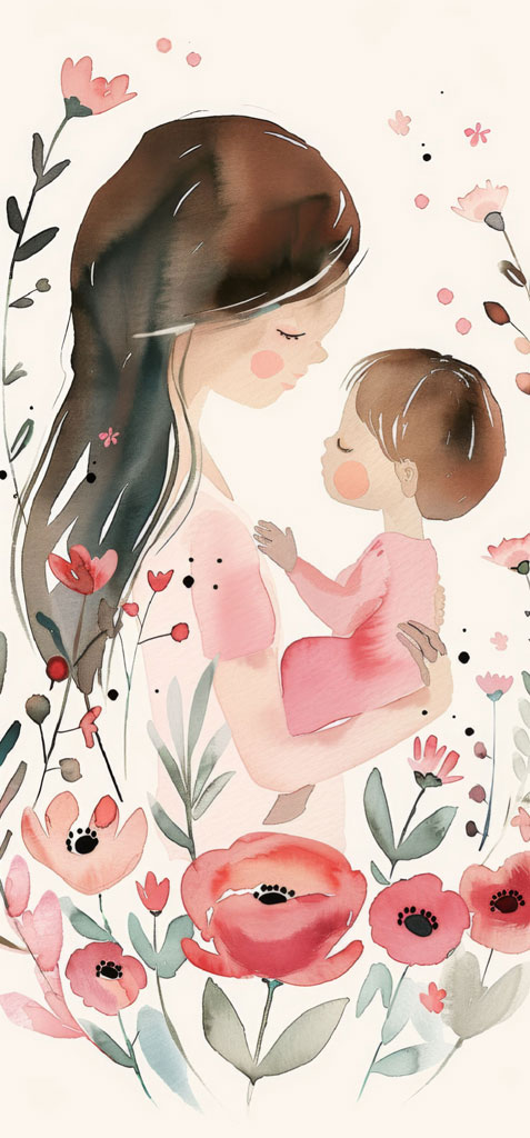 Watercolor illustration of a mother and child amidst flowers