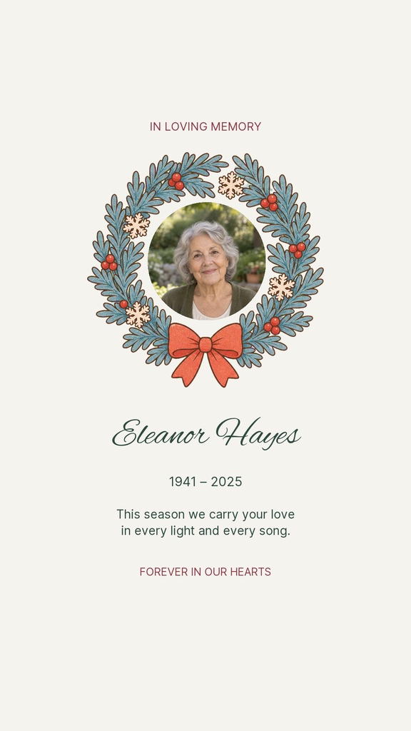 Memorial card with a wreath frame, portrait photo, and the words In Loving Memory.