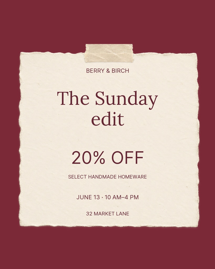 Portrait sale poster with cream paper on burgundy background reading The Sunday edit and 20% off.