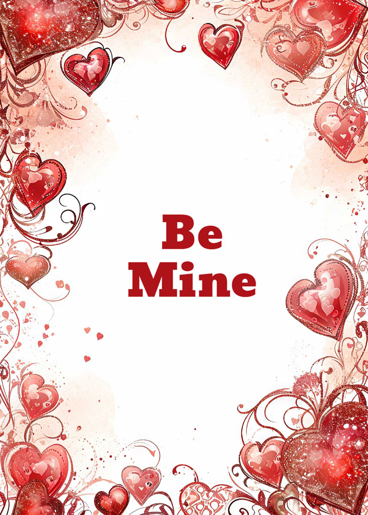 Valentine's Day card with red hearts and 'Be Mine' text