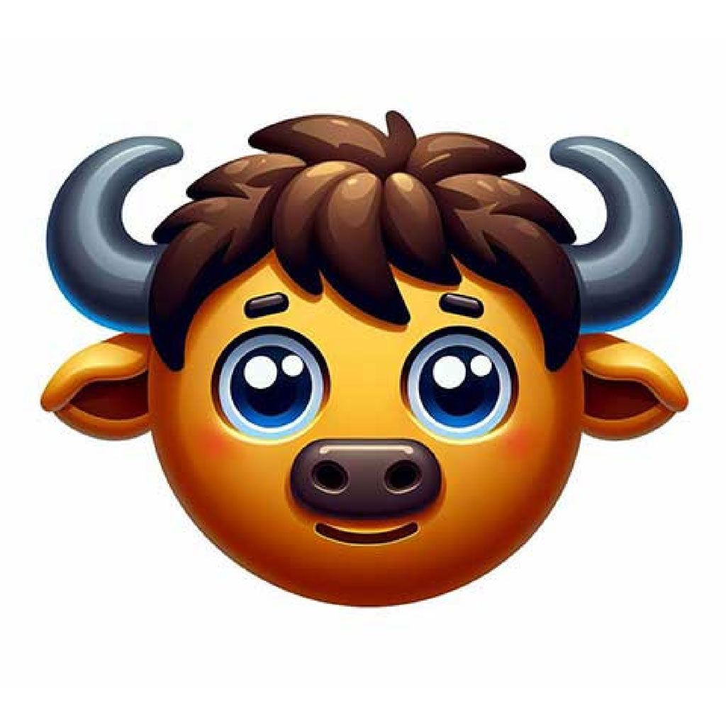 Cartoon bull with large eyes and golden horns